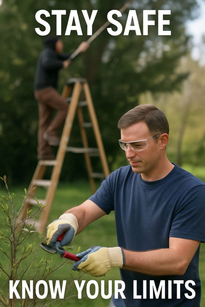 Safe vs. unsafe tree trimming – person pruning safely from ground vs. risky ladder use with pole saw.