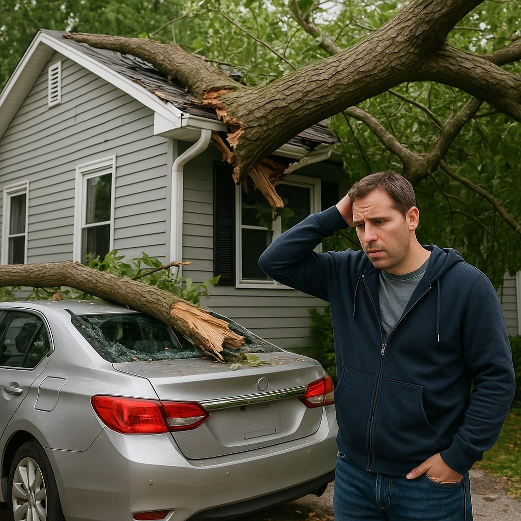Tree fallen on both a house and a car, showing storm damage affecting multiple types of property.          Ask ChatGPT